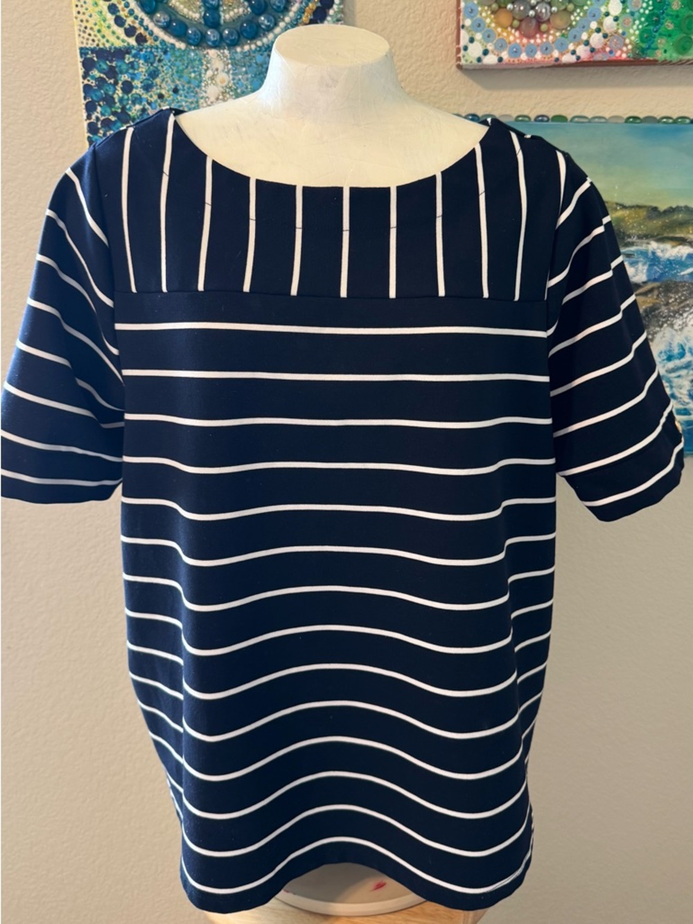 Navy and White Striped Short-Sleeve Boatneck Blouse